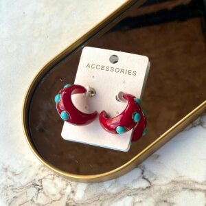 Mavi Renk Detaylı Bordo Halka Küpe