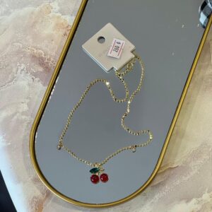 Kiraz uçlu taş detaylı gold çelik kolye