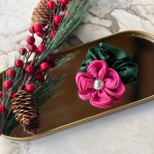 Fuşya / Haki çiçekli lastik toka