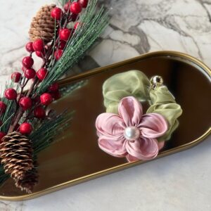 Yeşil / Pembe çiçekli lastik toka